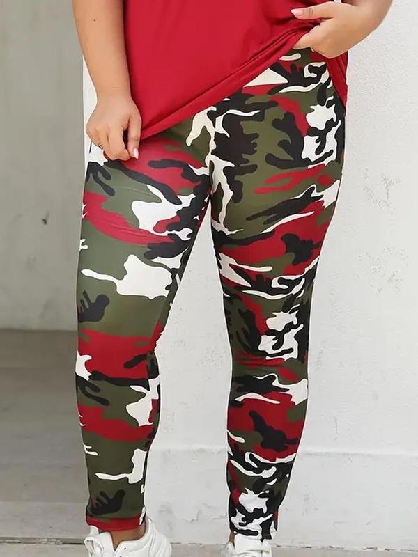  Camo Print Elastic Waist Leggings, Casual Comfy Skinny Pants for Women, Women's Bottoms for Spring & Fall Legging Pants