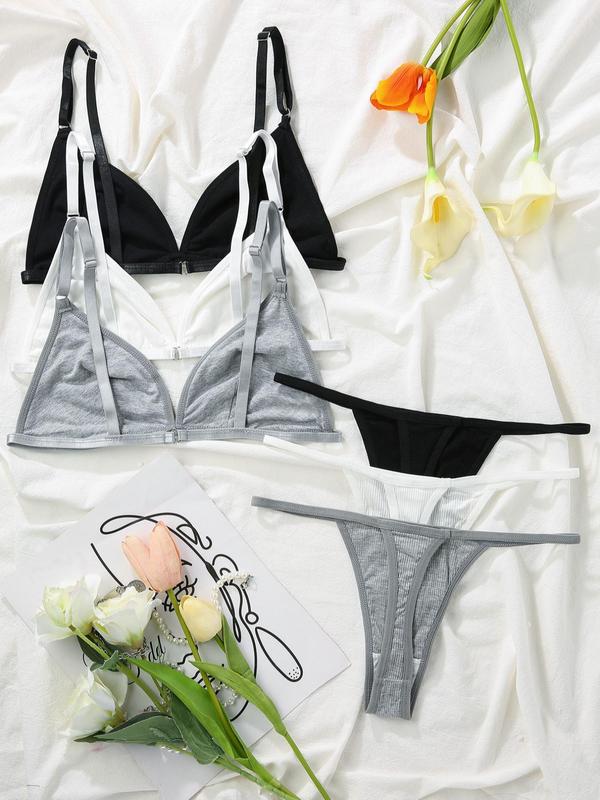 Women's Solid Adjustable Strap Push Up Bra & Thong Underwear Set, Casual Comfy Breathable Lingerie Set for Daily Wear, Underwear Set for Women