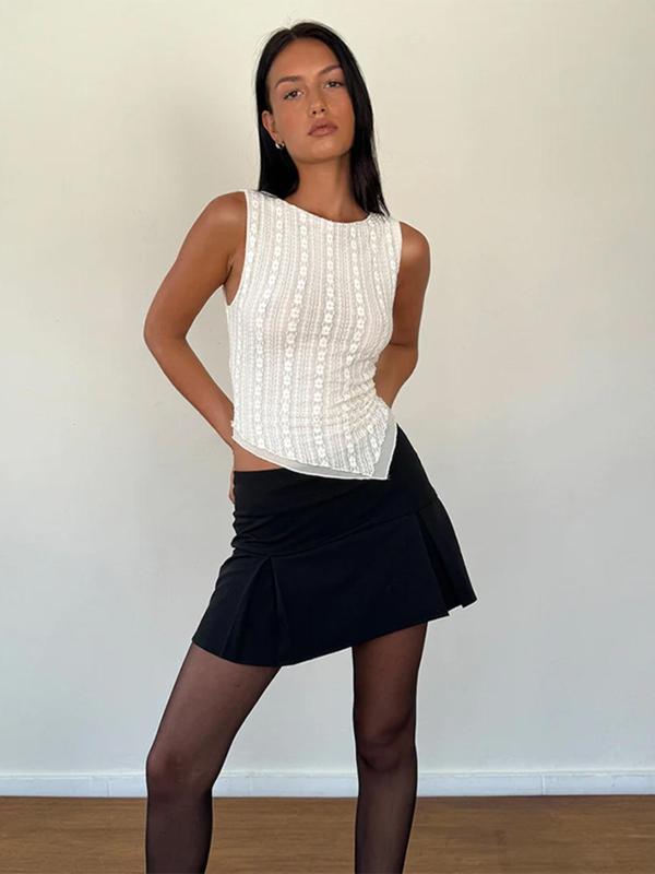 Women's Plain Textured Asymmetrical Crop Tank Top, Casual Sleeveless Round Neck Top for Summer, Ladies Clothes for Daily Wear