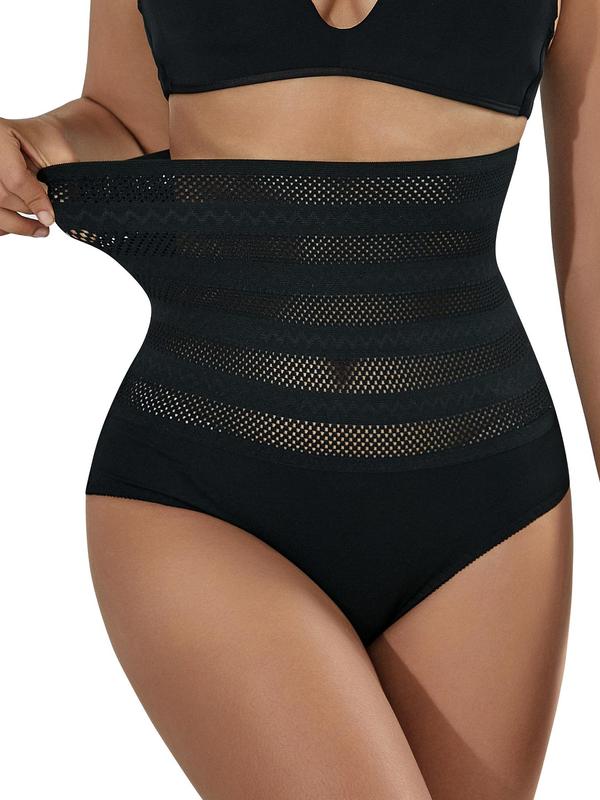 Women's Minimalist Contrast Mesh High Waist Shapewear Panty, Chic Solid Breathable Comfortable Underwear for Lady, Basic Womenswear, Women Knickers Panties