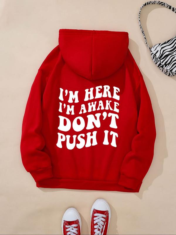 Women's Letter Print Drop Shoulder Drawstring Long Sleeve Pocket Hoodie, Essential Hoodie, Fall Clothes, Fashion Casual Style Soft Comfortable Hooded Sweatshirt Pullover for Fall, Women Fall Clothes, Womenswear Tops Essentials Hoodie