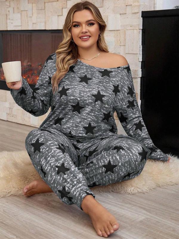 Plus Size Christmas All Over Star Print Drop Shoulder Tee & Pants Pyjama Set, Pajama Sets Women, Casual Comfy Round Neck Long Sleeve T-shirt & Trousers Pj Set, Women's Sleepwear for Spring & Fall