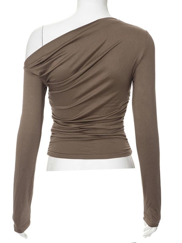 Women's Plain Ruched One Shoulder Tee, Casual Long Sleeve T-shirt for Fall, Women's Clothing for Daily Wear