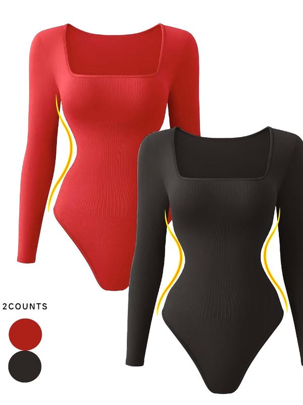 Women's Solid Color Square Neck Thong Design Bodysuit, Casual Long Sleeve Bodysuit for Daily Wear, Ladies Clothes for All Seasons