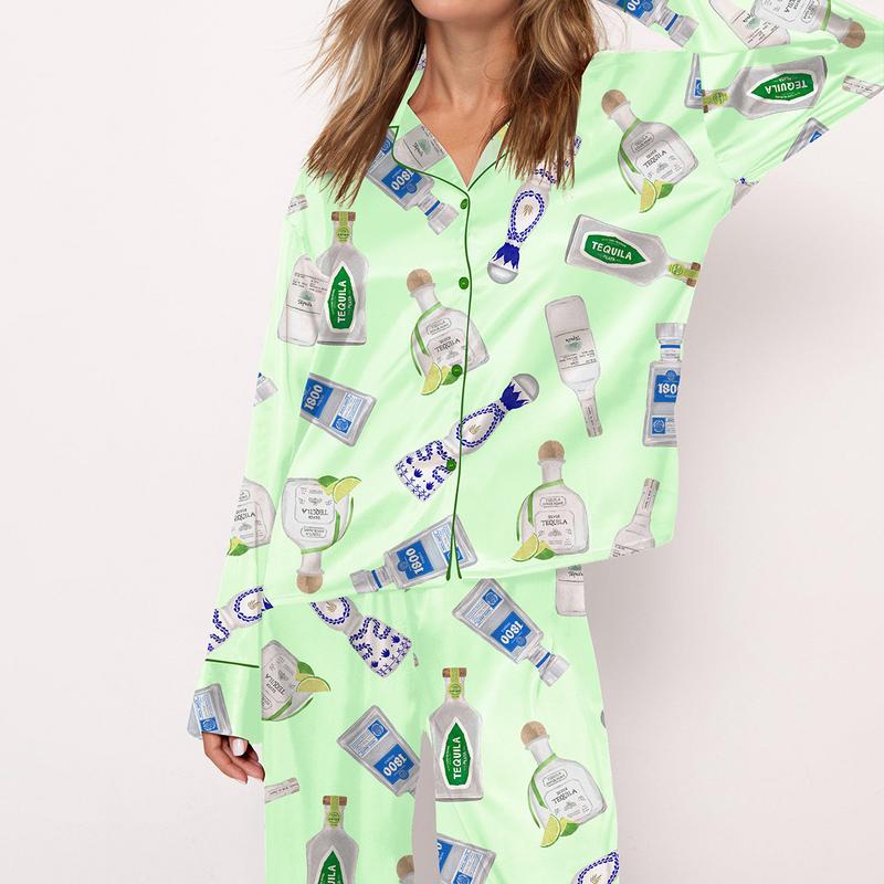 Tequila Bottles Pajama Set For Women Print Comfy Satin Sleepwear & Loungewear Pjs Printing Silky Top & Bottoms - SHESHOW