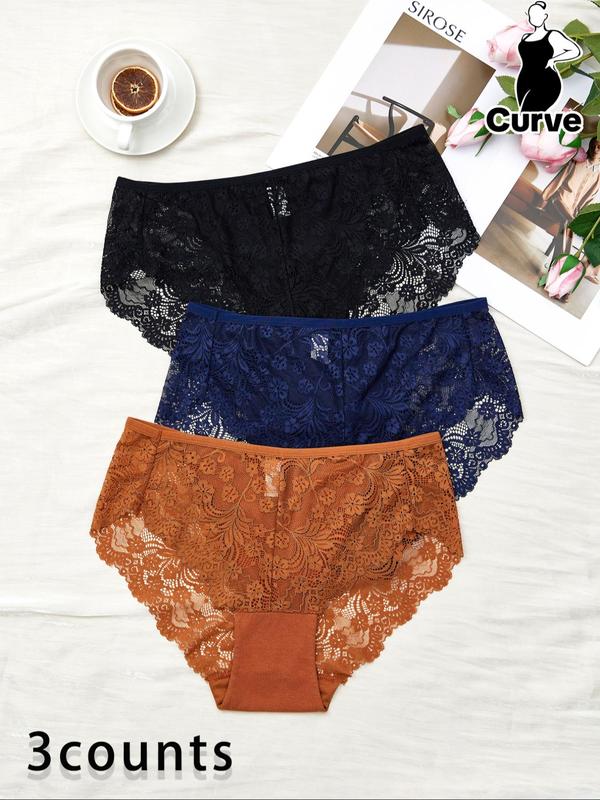 Plus Size 3pcs Breathable Contrast Lace Knicker, Women's Plus Solid Panty For Daily Wear, Fashion Ladies' Underwear For All Seasons