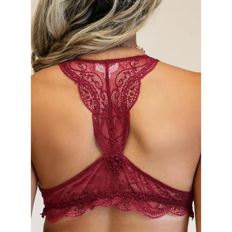 Red Halter Scalloped V Neck Lace Bralette