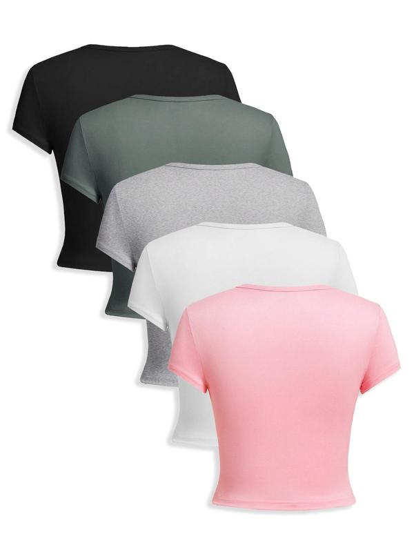 Women's 5 Counts Solid Round Neck Tee, Casual Short Sleeve Crew Neck T-shirt for Daily Wear, Ladies Clothes for All Seasons