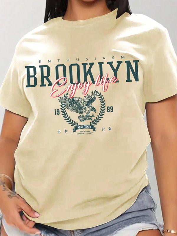  Cartoon & Letter Print Drop Shoulder Tee, Fashion Casual Crew Neck T-Shirt for Daily Holiday Vacation Outdoor Wear, Women Clothing for Summer