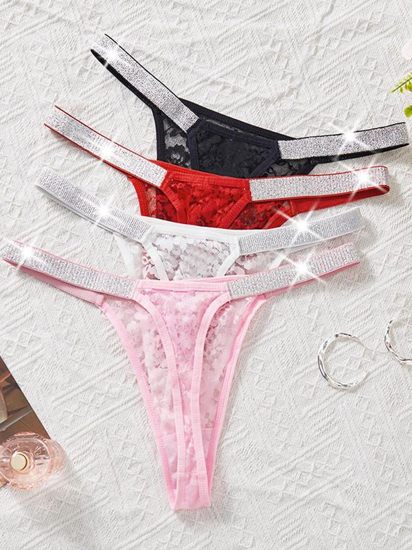 Women's Floral  Sheer Lace Thong, Soft Comfy Breathable Drop Waist Panty for Daily Wear, Ladies Underwear for All Seasons