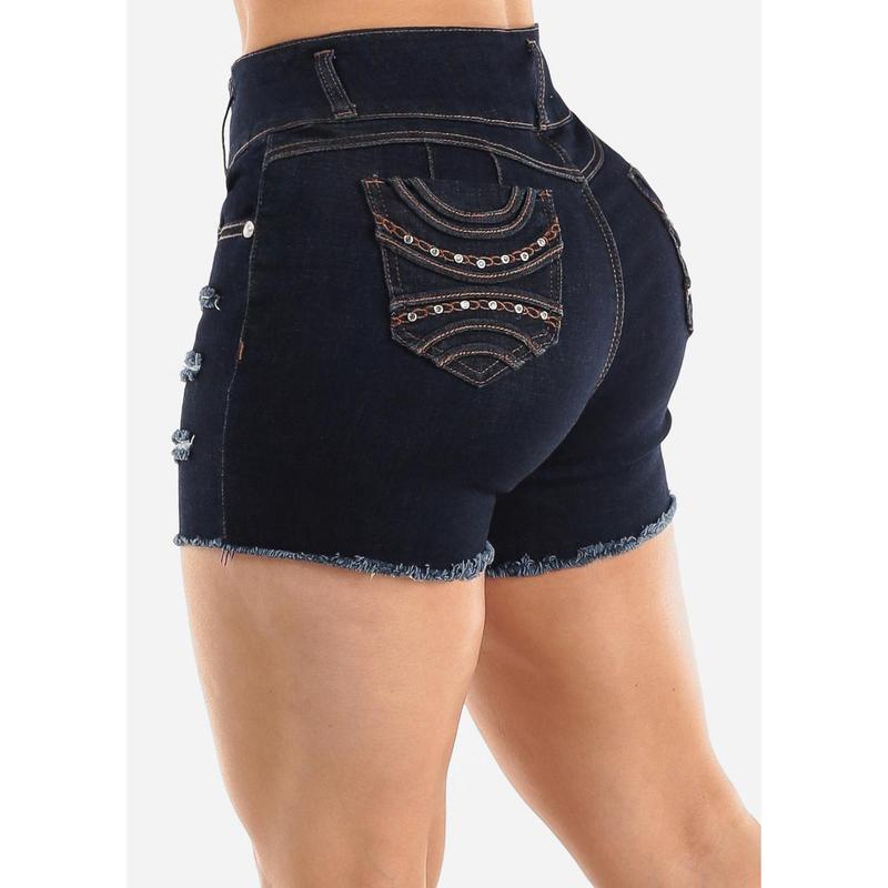Super High Waist Levantacola Ripped Dark Denim Shorts