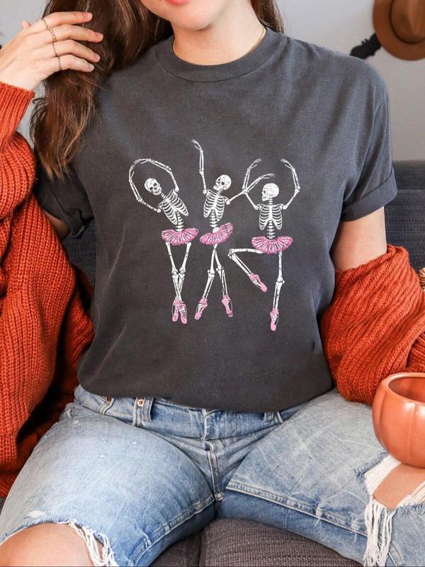  Cartoon & Letter Print Drop Shoulder Tee, Fashion Casual Crew Neck T-Shirt for Daily Holiday Vacation Outdoor Wear, Women Clothing for Summer