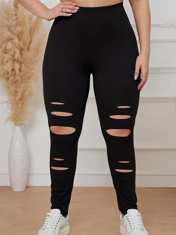Plus Size Solid Ripped High Waist Leggings, Casual Fashion Comfy Skinny Pants for Daily Wear, Women's Bottoms for Summer