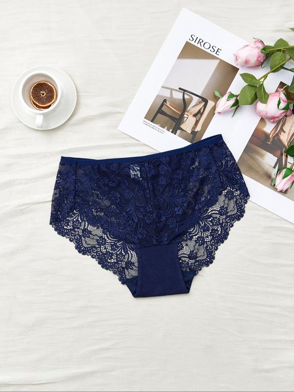 Plus Size 3pcs Breathable Contrast Lace Knicker, Women's Plus Solid Panty For Daily Wear, Fashion Ladies' Underwear For All Seasons