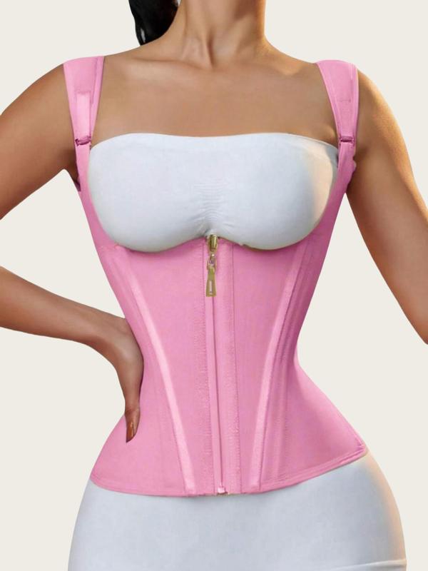 Women's Solid Color Sexy Zipper Front Corset Shapewear Top, Adjustable Hook & Eye Closure Waist Trainer, Tummy Control Shaper for Daily Wear Matt Waist Trainers