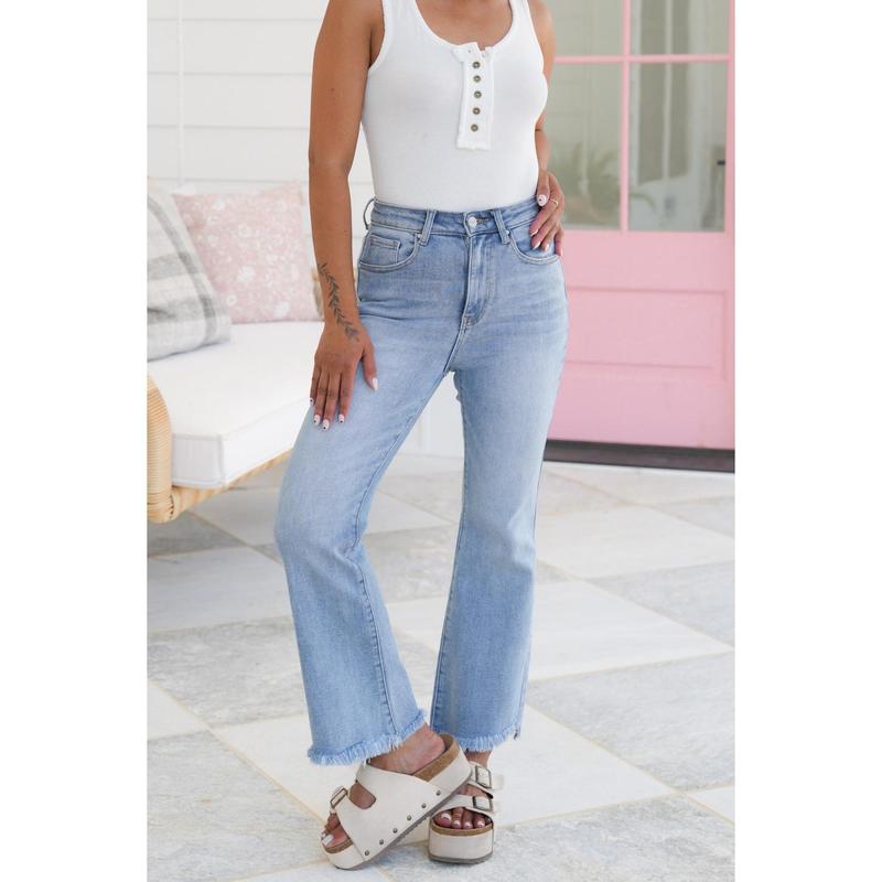 Risen High Rise Light Wash Cropped Flare Jeans With Frayed Hem