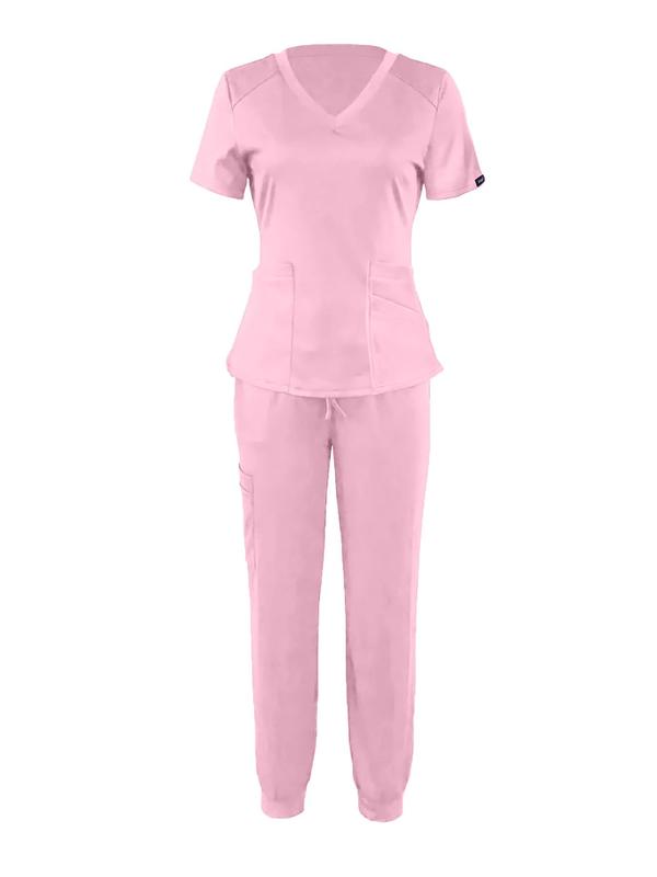 Two-piece Set Women's Solid Patched V Neck Tee & Drawstring Waist Pants Set, Casual Pocket Short Sleeve T-shirt & Elastic Waist Trousers, Ladies Two-piece Outfits for All Seasons