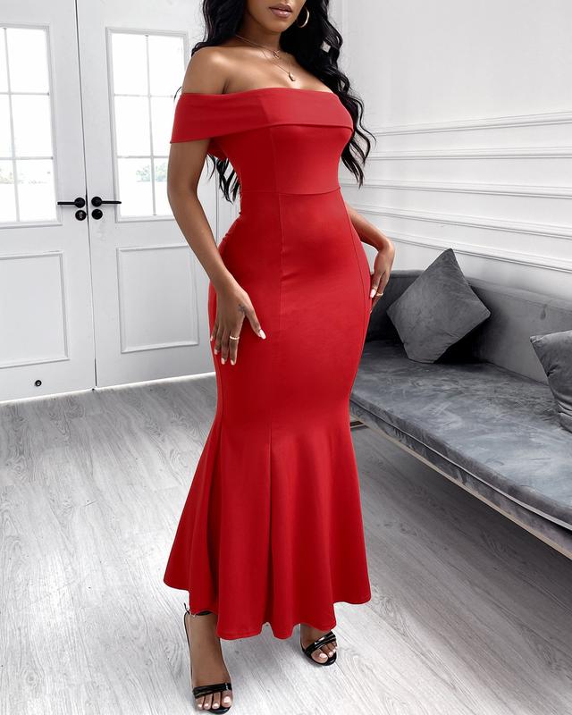 ChicMe Women's Off Shoulder Ruffle Hem Slim Fit Maxi Evening Dress Sexy Dress Elegant Formal