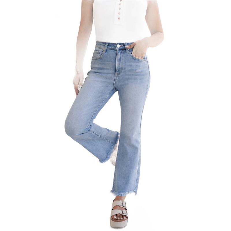 Risen High Rise Light Wash Cropped Flare Jeans With Frayed Hem