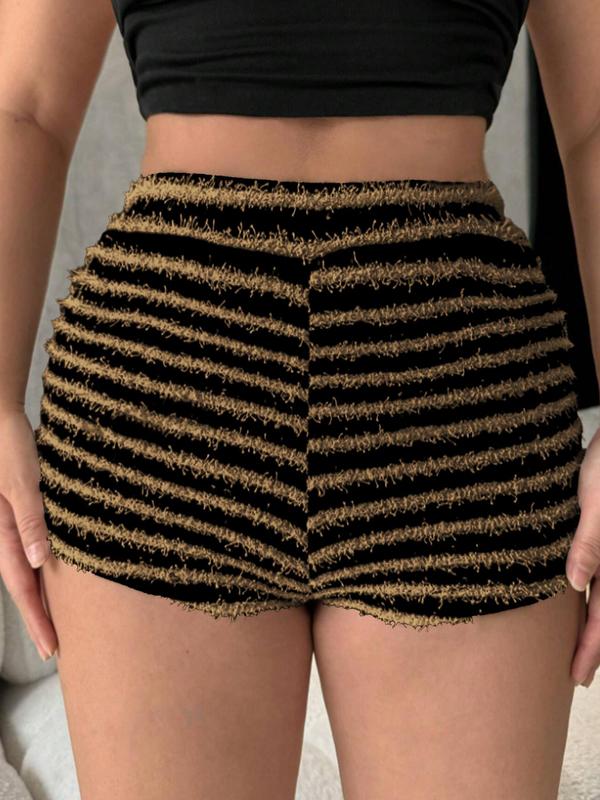Women's Fuzzy Striped Print High Waist Shorts, Casual Comfy Skinny Shorts for Daily Wear, Ladies Bottoms for Summer
