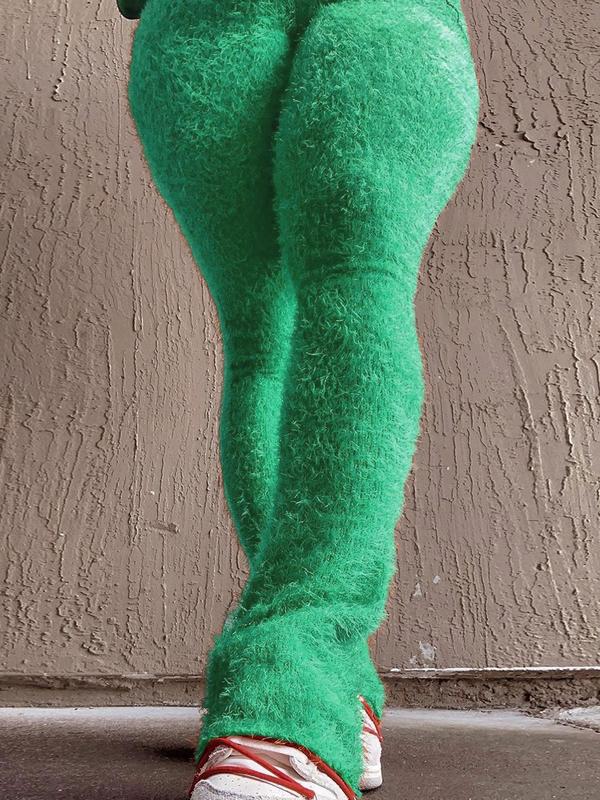 Women's Plain Fuzzy Flare Leg Pants, Fashionable High Waist Fitted Bell Bottom Trousers, Maxi Flared Pants, Women's Highwaist Bottoms, Comfy Pants