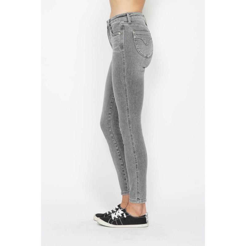 JUDY BLUE MID RISE TUMMY CONTROL SHIELD POCKETS GREY SKINNY JEANS