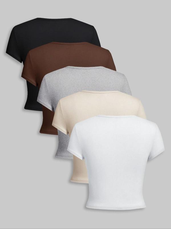 Women's 5 Counts Solid Round Neck Tee, Casual Short Sleeve Crew Neck T-shirt for Daily Wear, Ladies Clothes for All Seasons