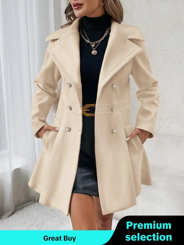 Women's Solid Double Button Pocket Overcoat, Casual Long Sleeve Lapel Neckline Outerwear for Daily Outdoor Womenswear, Lady Comfort Clothes for Fall & Winter, Fall Outfits, Coats for Women, Fallfreshness Clothes