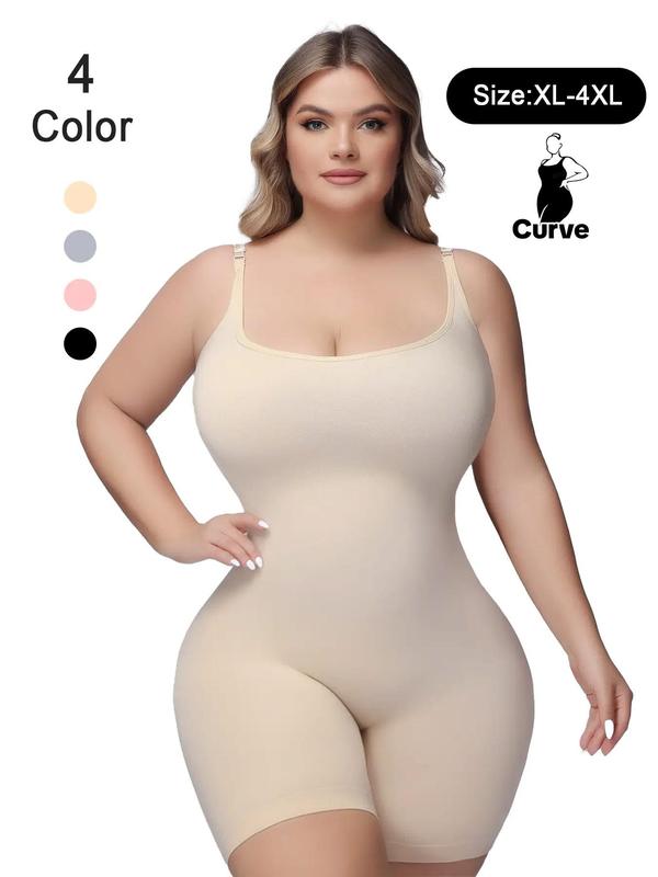Plus Size Solid Adjustable Strap Shapewear Bodysuit, Basic Tummy Control Butt Lift Cami Bodysuit, Plus Size Women's Clothing, Summer Wear 2024, Womenswear Plus Size Clothes,  Plus Size Fall Clothing
