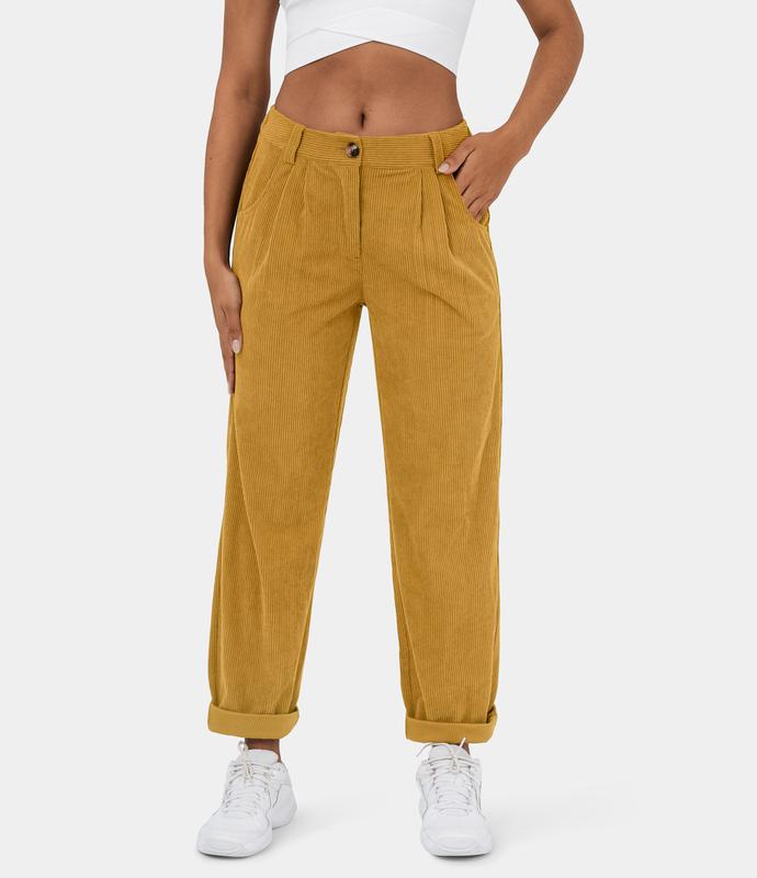 Halara Mid Rise Button Zipper Side Pocket Corduroy Casual Pants