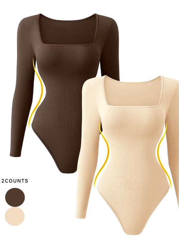 Women's Solid Color Square Neck Thong Design Bodysuit, Casual Long Sleeve Bodysuit for Daily Wear, Ladies Clothes for All Seasons