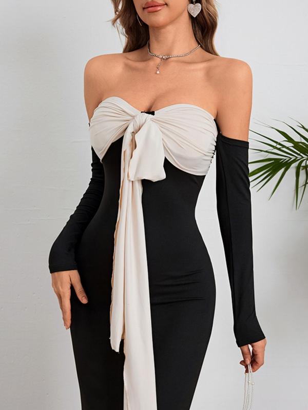Women's Colorblock Ruched Off Shoulder Split Hem Bodycon Dress, Elegant Knot Front Long Sleeve Maxi Dress for Party Dating Wear, Women's Clothing for Spring & Fall