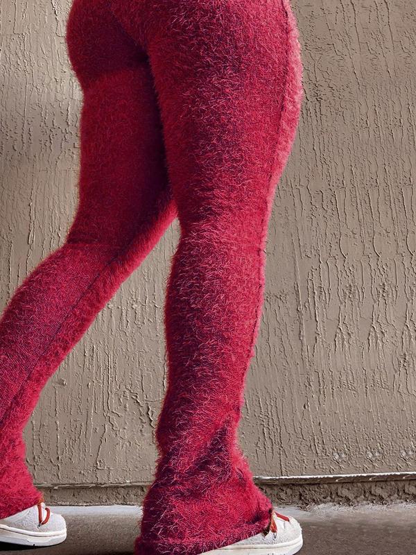Women's Plain Fuzzy Flare Leg Pants, Fashionable High Waist Fitted Bell Bottom Trousers, Maxi Flared Pants, Women's Highwaist Bottoms, Comfy Pants