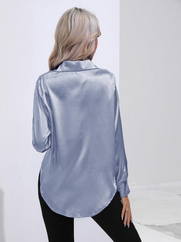 Women's Solid Button Front High Low Satin Shirt, Elegant Long Sleeve Collared Top for Spring & Fall, Women's Top for Work Office Business