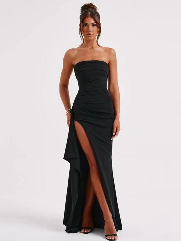 Women's Plain Ruched Backless Split Thigh Bodycon Tube Dress, Elegant Strapless Maxi Dress for Party Club Dating Wear, Ladies Clothes for All Seasons