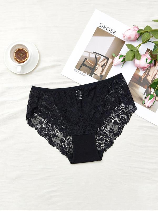 Plus Size 3pcs Breathable Contrast Lace Knicker, Women's Plus Solid Panty For Daily Wear, Fashion Ladies' Underwear For All Seasons