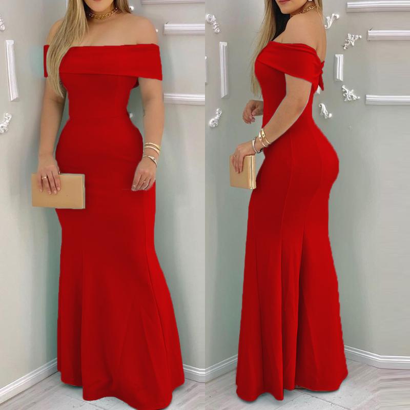 ChicMe Women's Off Shoulder Ruffle Hem Slim Fit Maxi Evening Dress Sexy Dress Elegant Formal