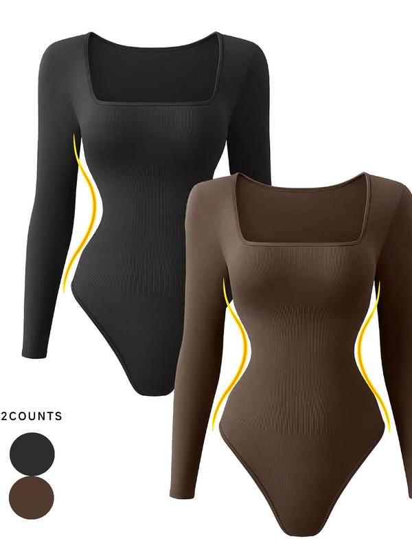 Women's Solid Color Square Neck Thong Design Bodysuit, Casual Long Sleeve Bodysuit for Daily Wear, Ladies Clothes for All Seasons