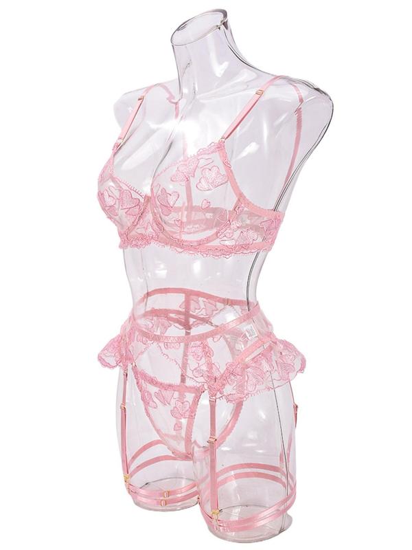 Women's Heart Embroidery Lace Bra & Garter Belt & Thong Set, Sexy Comfy Breathable Lingerie Set for Daily Wear, Women's Lingerie & Underwear for All Seasons