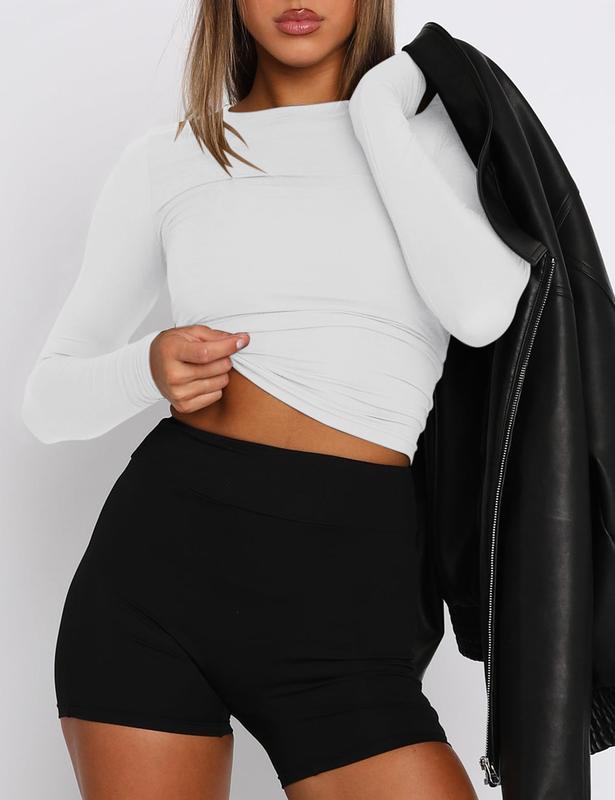 AVOOGUE Womens 3 Piece Long Sleeve Shirts Basic Crop Tops Going Out Fall Fashion Underscrubs Layer Slim Fit Y2K Tops Casual Fabric Womenswear Blouses
