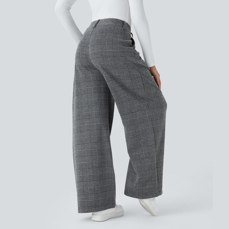 Halara High Waisted Plicated Side Pocket Wide Leg Houndstooth Plaid Casual Pants
