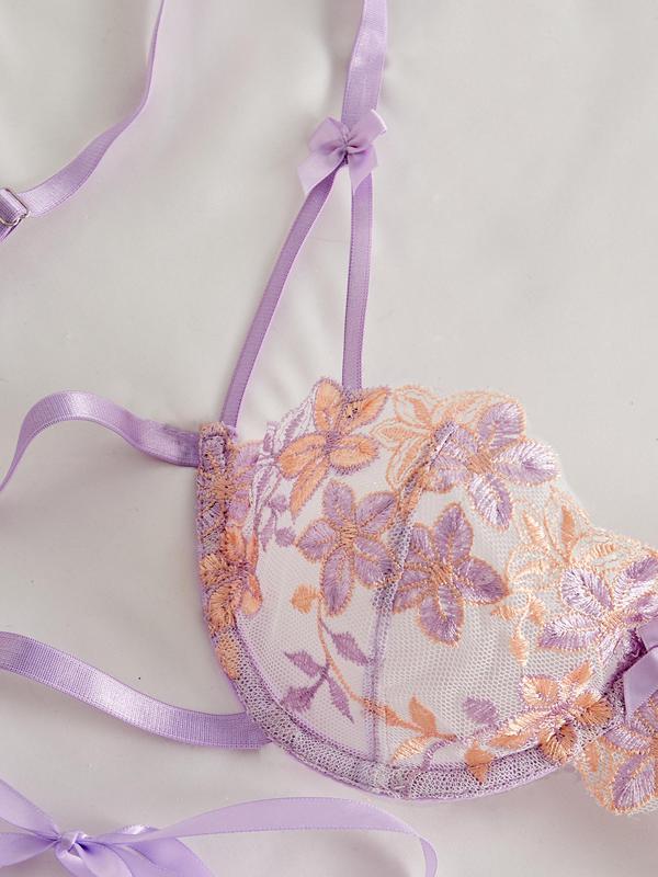 Women's Floral Embroidery Sheer Bra & Tie Side Thong Tulle Sexy Lingerie Set, Romantic Adjustable Strap Push Up Bra & Thong, Lingerie Set for Women