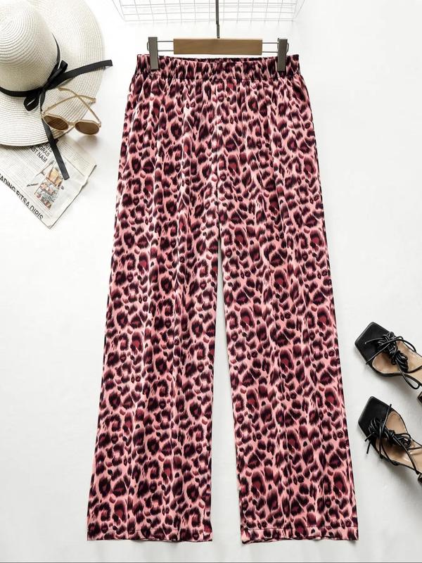 Women's Plus Size Leopard Print Elastic Waist Wide Leg Pants, Casual Fashion Trousers for Daily Wear,  Pants for Women, Ladies Bottoms for Spring & Fall