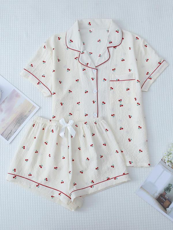 Two Counts Women's Cherry  Heart  Floral Print Lapel Pocket Shirt & Bow Decor Shorts Pyjama Set, Button Front Short Sleeve Top & Contrast Binding Shorts Pj Set, Casual Fall Sleepwear Set for Womenswear