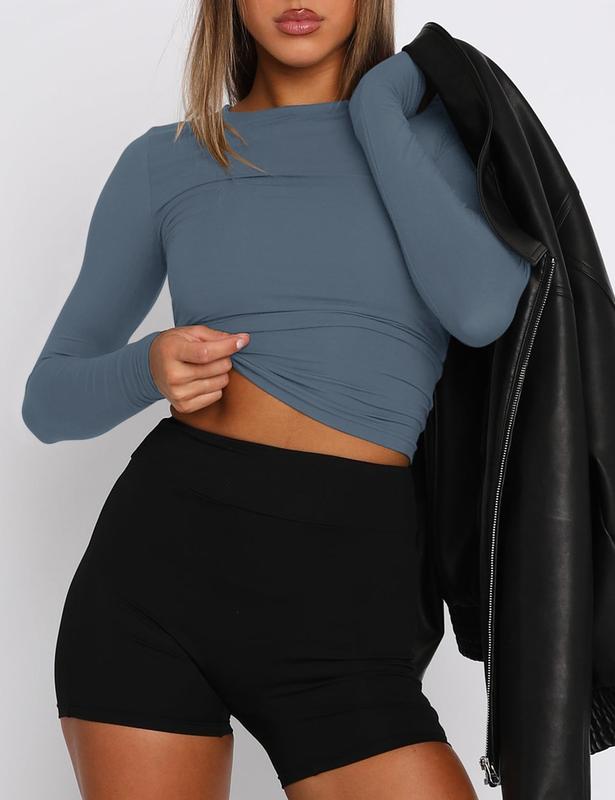 AVOOGUE Womens 3 Piece Long Sleeve Shirts Basic Crop Tops Going Out Fall Fashion Underscrubs Layer Slim Fit Y2K Tops Casual Fabric Womenswear Blouses