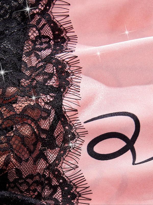 Two-Piece Set Women's Heart Print Contrast Lace Cami Top & Knot Front Shorts Satin Pyjama Set, Adjustable Spaghetti Strap Camisole & Shorts Pj Set, Sleepwear Loungewear Set for Women