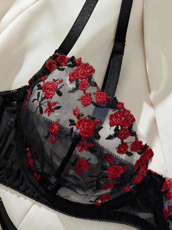 Women's Floral Embroidery Bra & Thong Sexy Lingerie Set, Sexy Comfy Breathable Underwear Set for Daily Wear, Women's Lingerie & Underwear for All Seasons