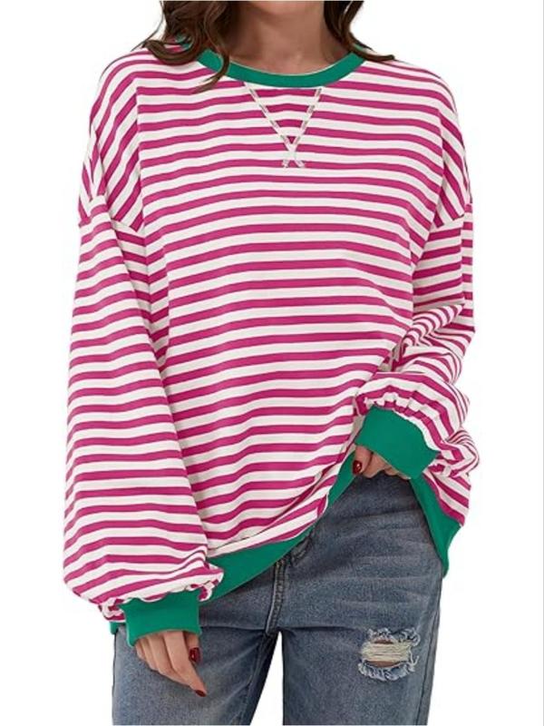  Striped Print Drop Shoulder Sweatshirt, Casual Contrast Binding Long Sleeve Pullover for Spring & Fall, Sweatshirts for Women, Women's Plus Clothing for Daily Wear, Black Girl Outfits