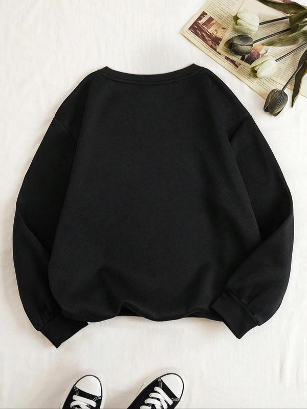 Women's Letter Print Round Neck Black Sweatshirt, Fashion Long Sleeve Crewneck Pullover for Lady Daily Casual Wear, Ladies Spring & Fall Clothes, Comfort Womenswear, Fall Clothes