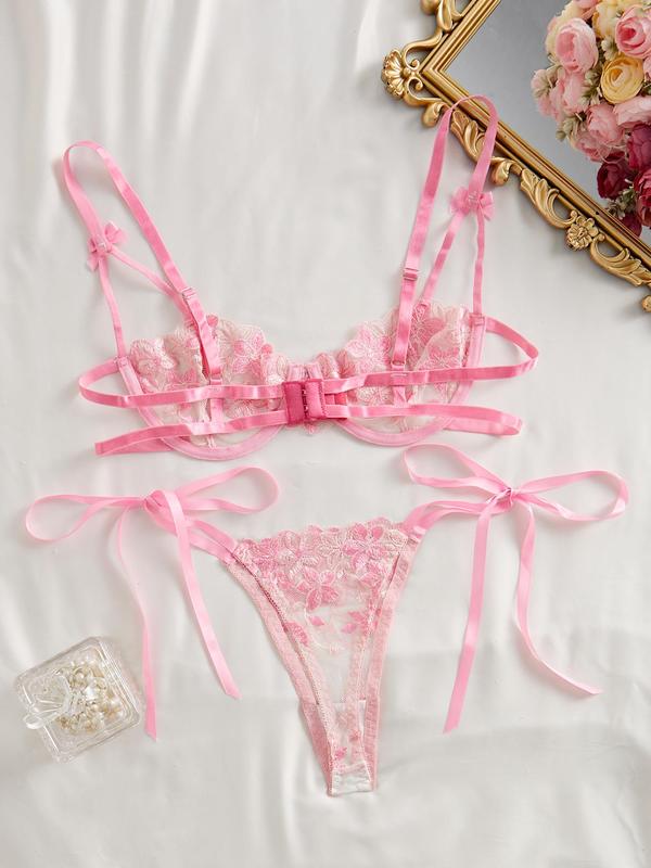 Women's Floral Embroidery Sheer Bra & Tie Side Thong Tulle Sexy Lingerie Set, Romantic Adjustable Strap Push Up Bra & Thong, Lingerie Set for Women